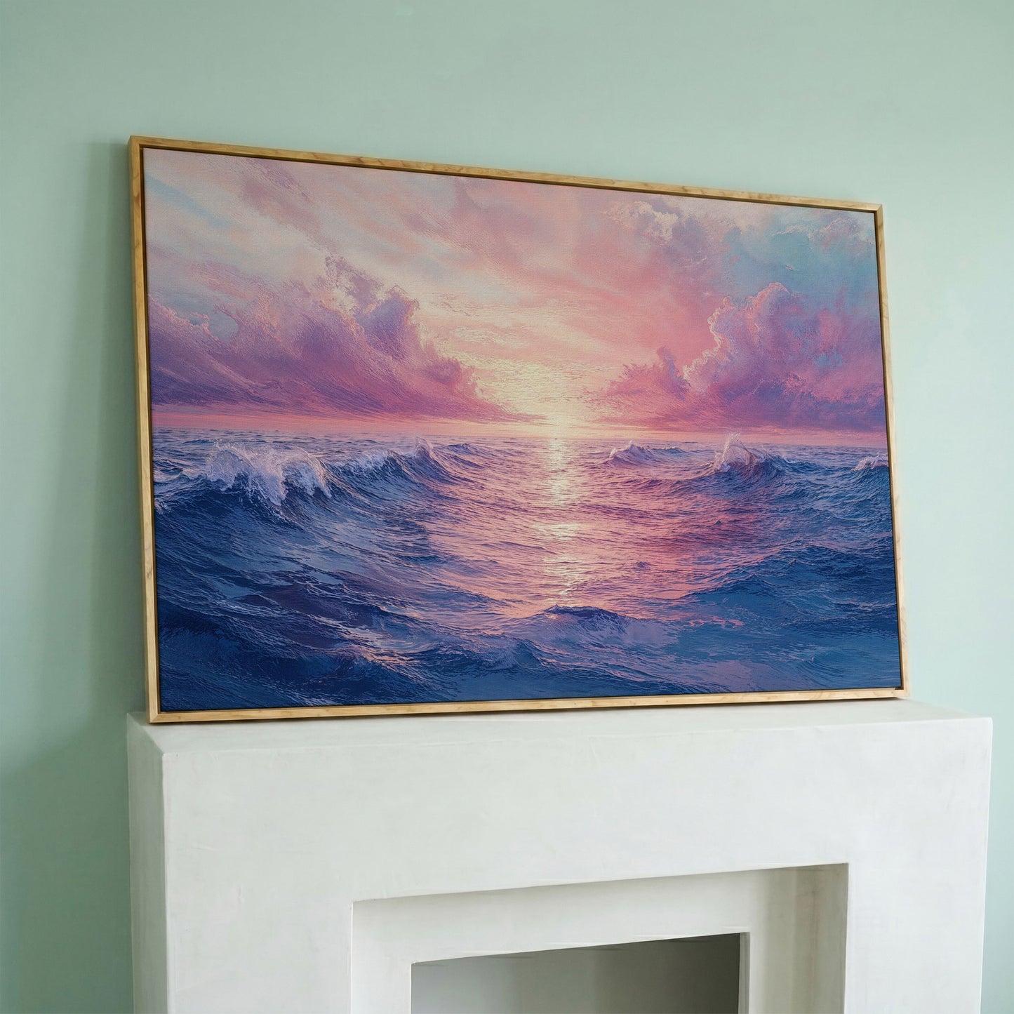 Pink Ocean Wave Seascape Canvas in white oak floating frame