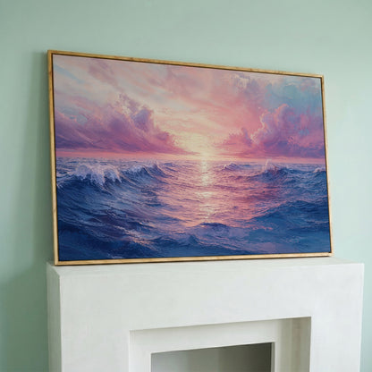 Pink Ocean Wave Seascape Canvas in white oak floating frame