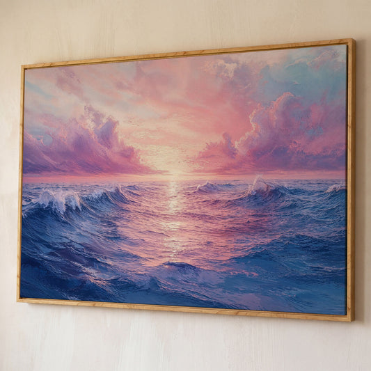 Pink Ocean Wave Seascape Canvas shown in white oak floating frame