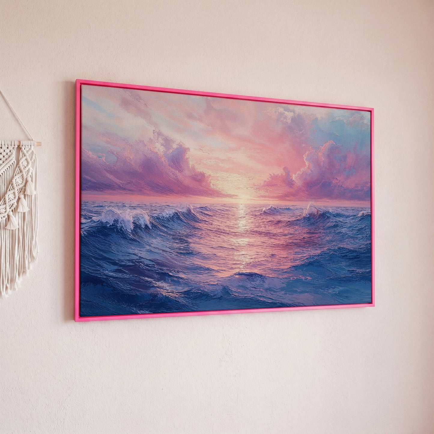 Pink Ocean Wave Seascape Canvas in pink floating frame