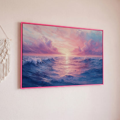 Pink Ocean Wave Seascape Canvas in pink floating frame