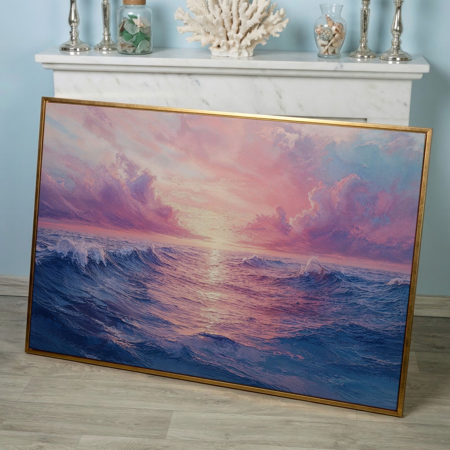 Pink Ocean Wave Seascape Canvas in rose gold floating frame