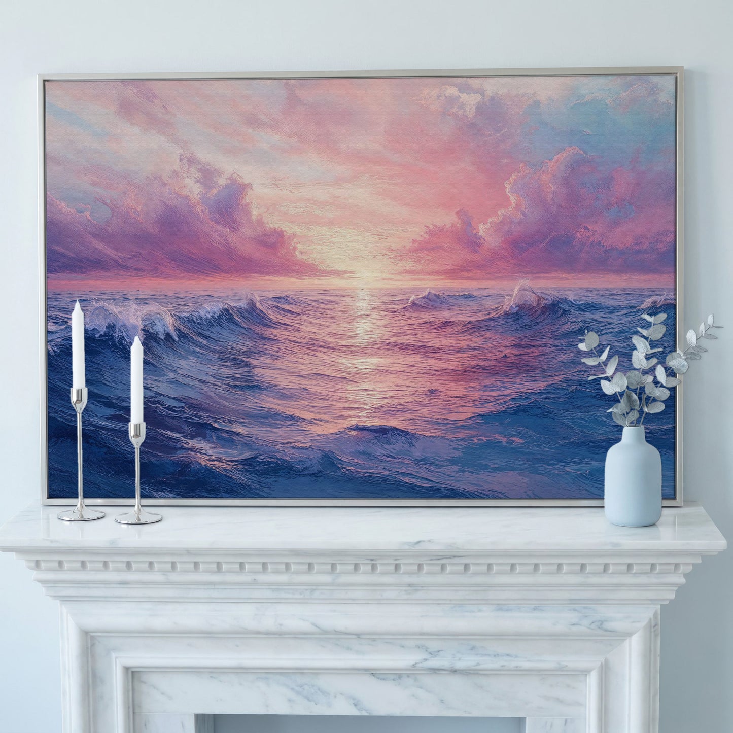 Pink Ocean Wave Seascape Canvas in silver floating frame