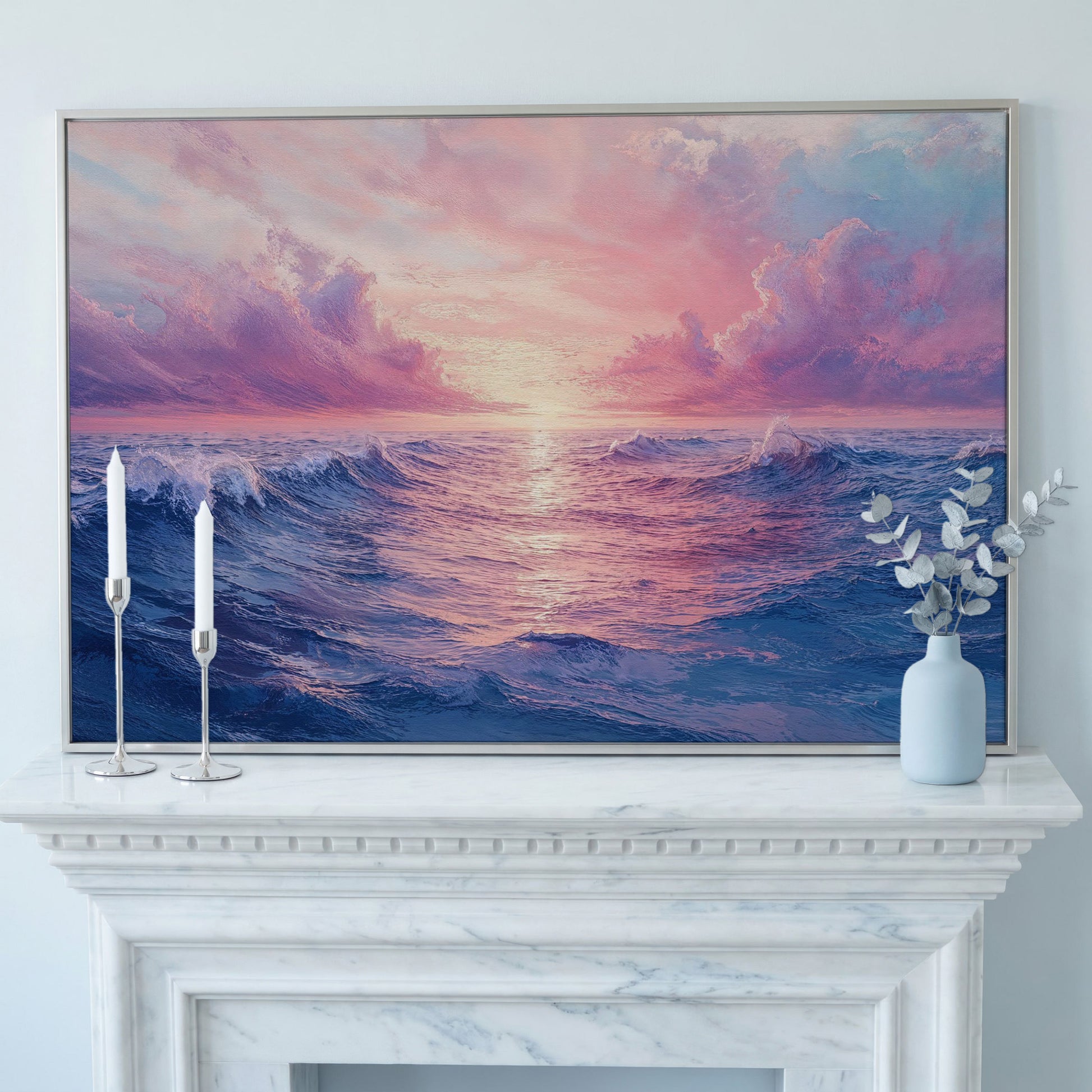 Pink Ocean Wave Seascape Canvas in silver floating frame