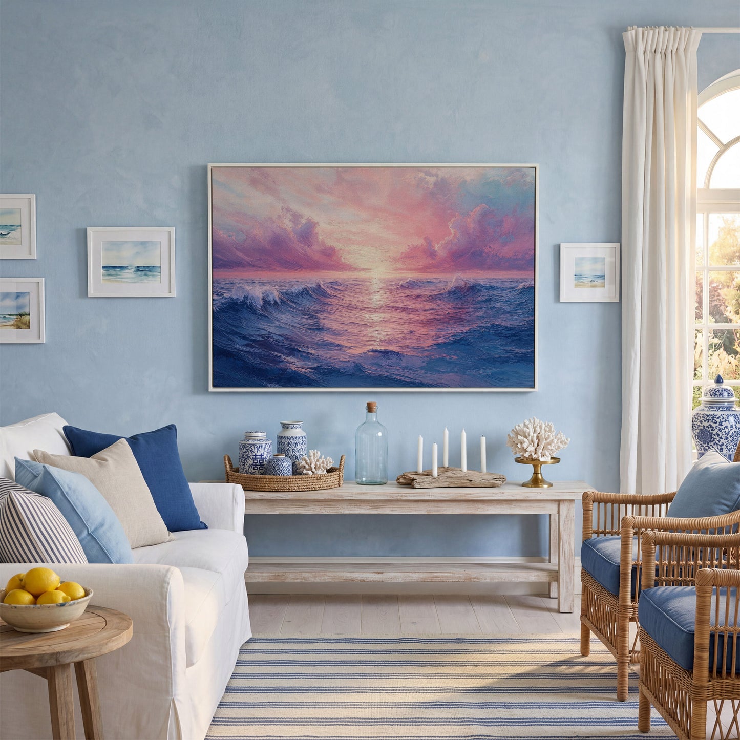 Pink Ocean Wave Seascape Canvas in white floating frame