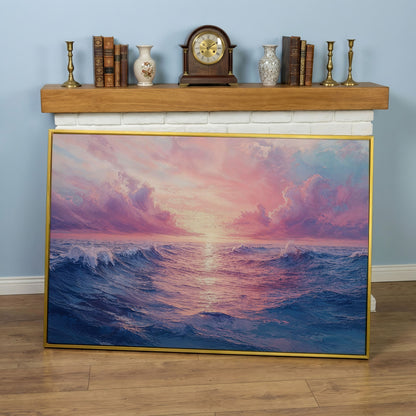Pink Ocean Wave Seascape Canvas in yellow gold floating frame