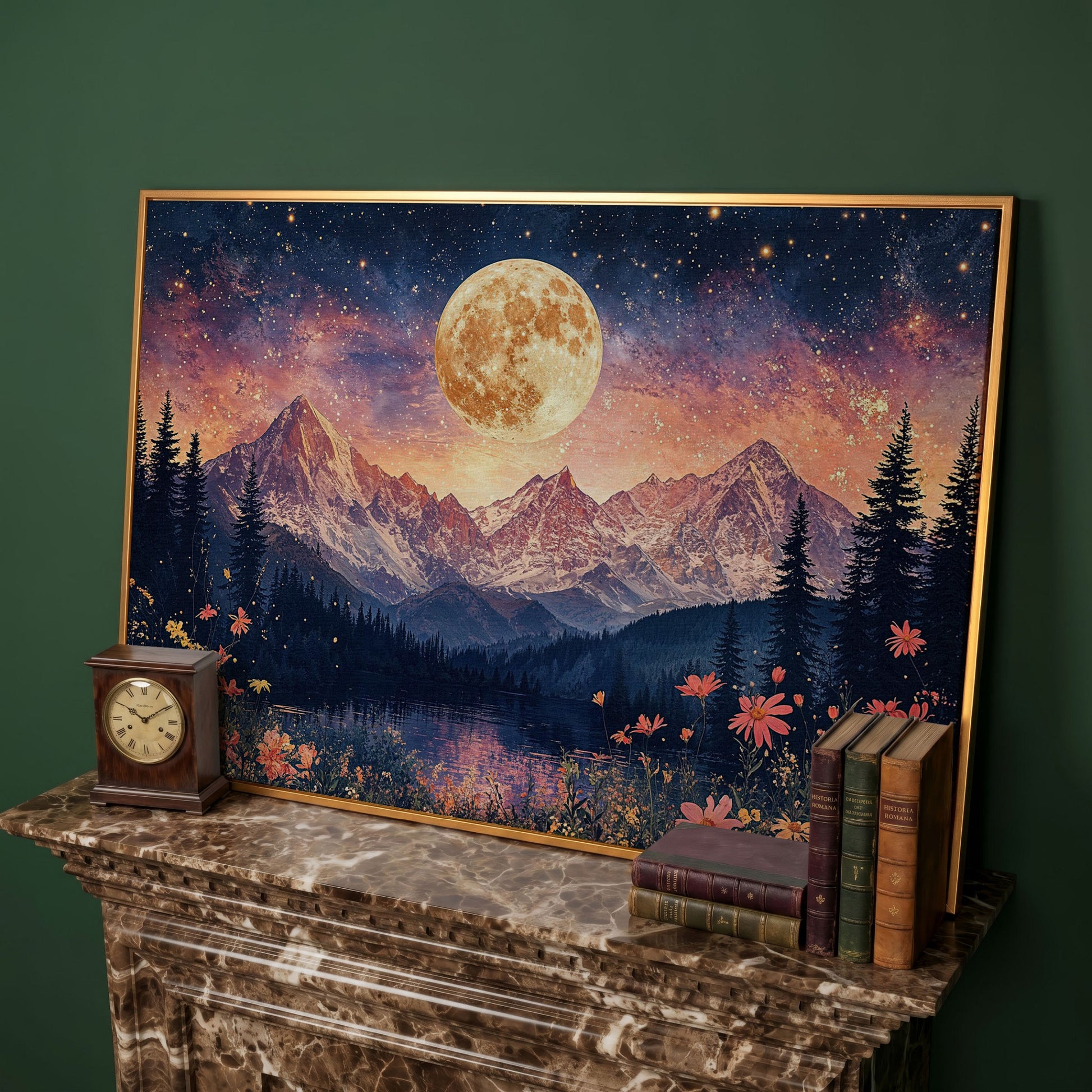 Moonlit Mountain Landscape Canvas in antique gold floating frame