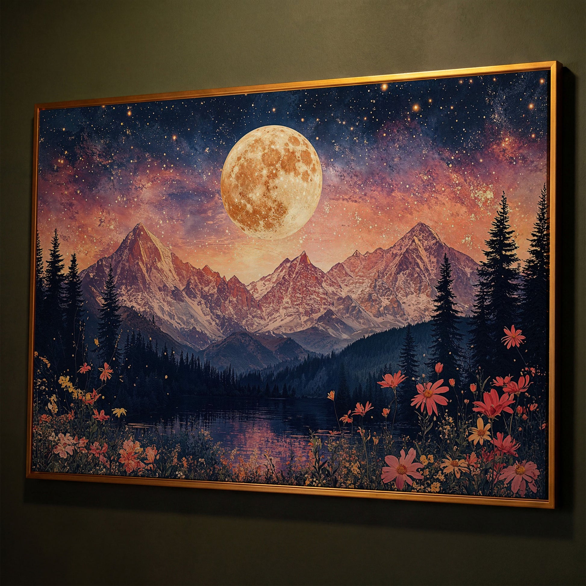 Moonlit Mountain Landscape Canvas shown in antique gold floating frame