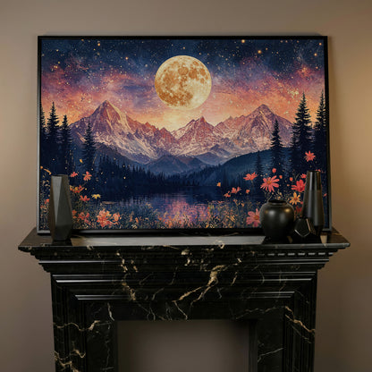 Moonlit Mountain Landscape Canvas in black floating frame