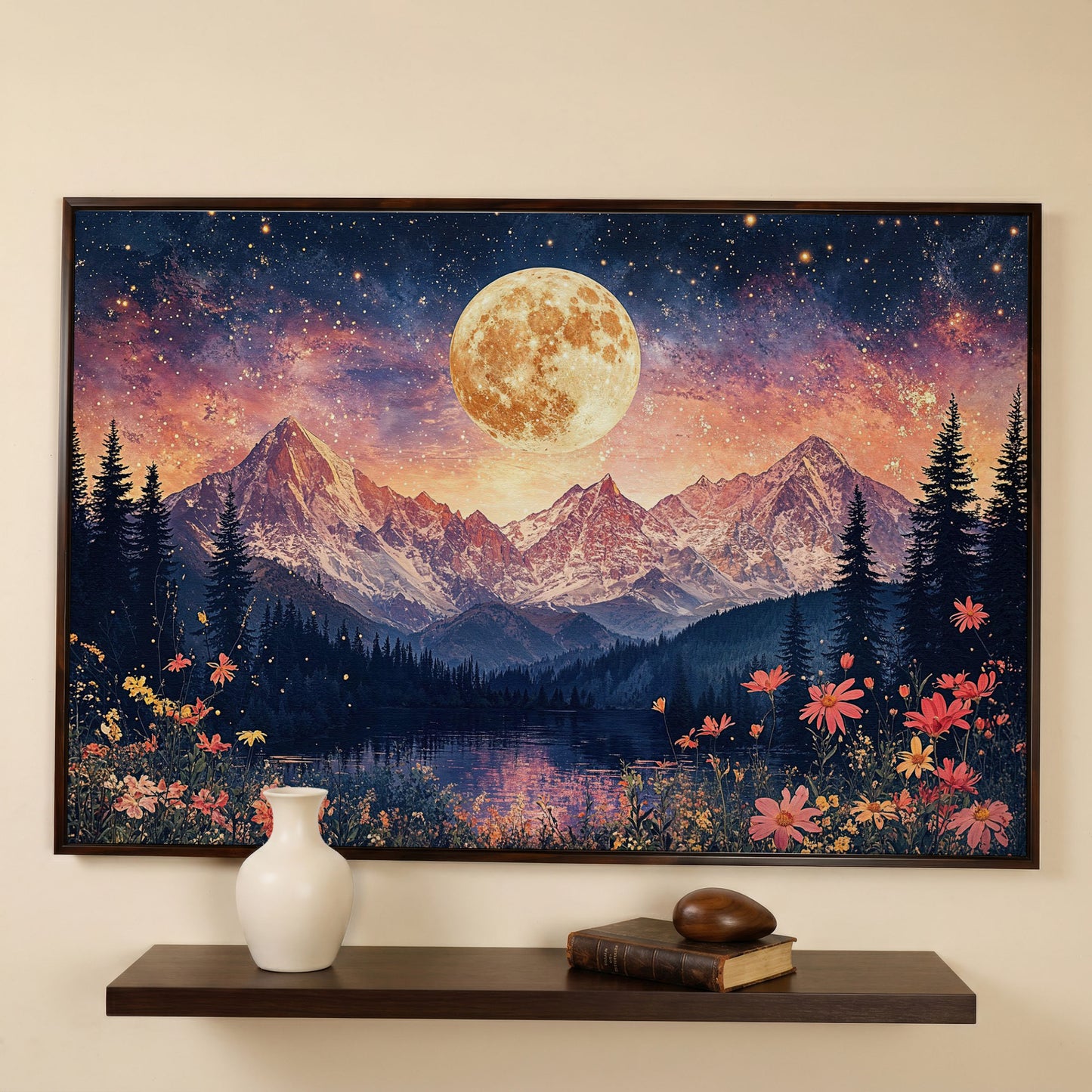 Moonlit Mountain Landscape Canvas in dark walnut floating frame