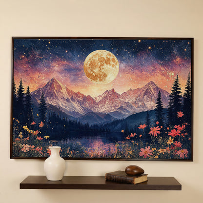 Moonlit Mountain Landscape Canvas in dark walnut floating frame