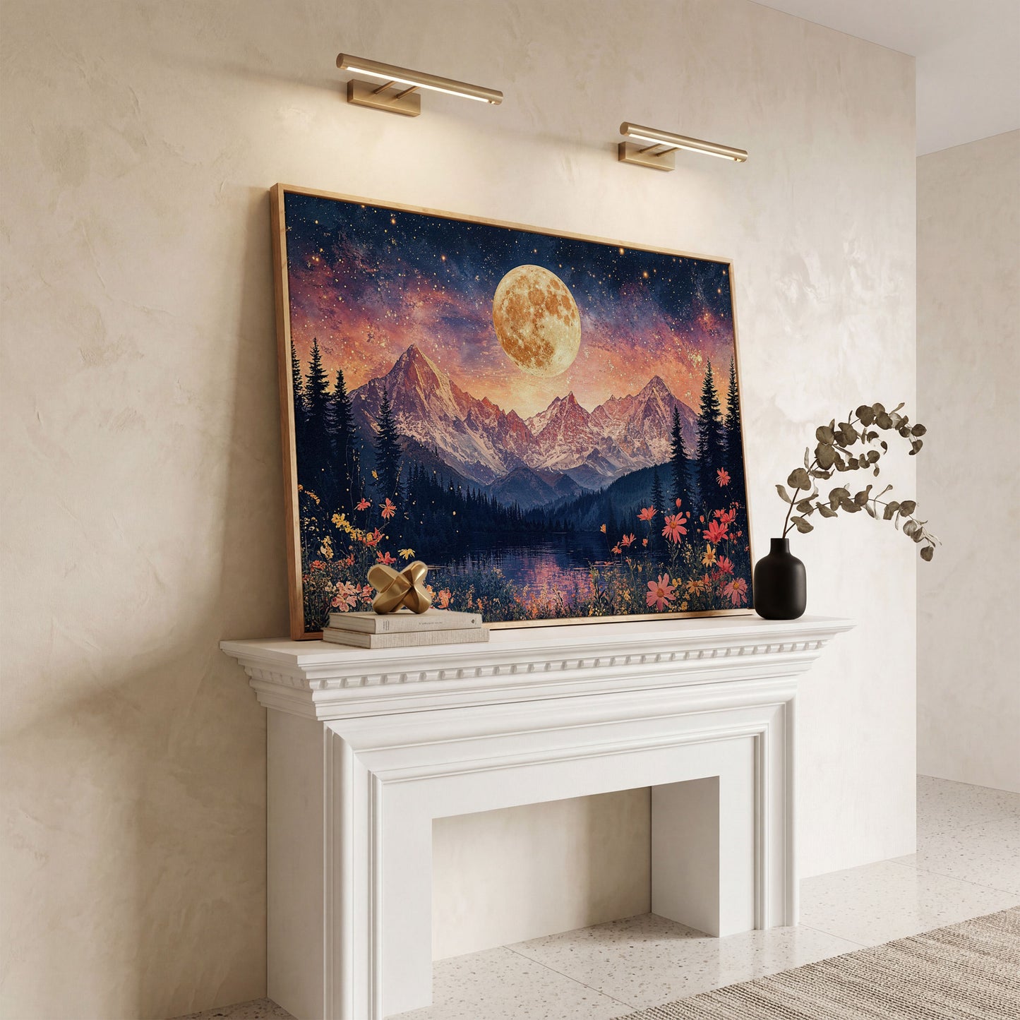 Moonlit Mountain Landscape Canvas in white oak floating frame