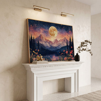 Moonlit Mountain Landscape Canvas in white oak floating frame