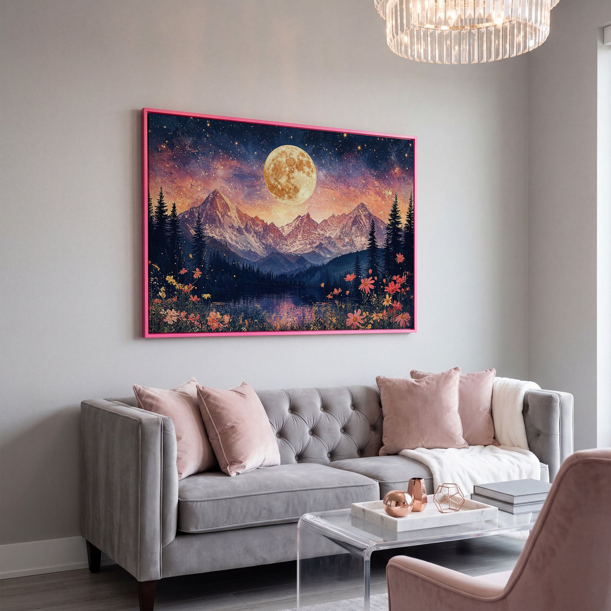Moonlit Mountain Landscape Canvas in pink floating frame