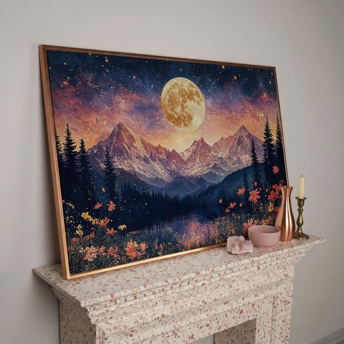 Moonlit Mountain Landscape Canvas in rose gold floating frame