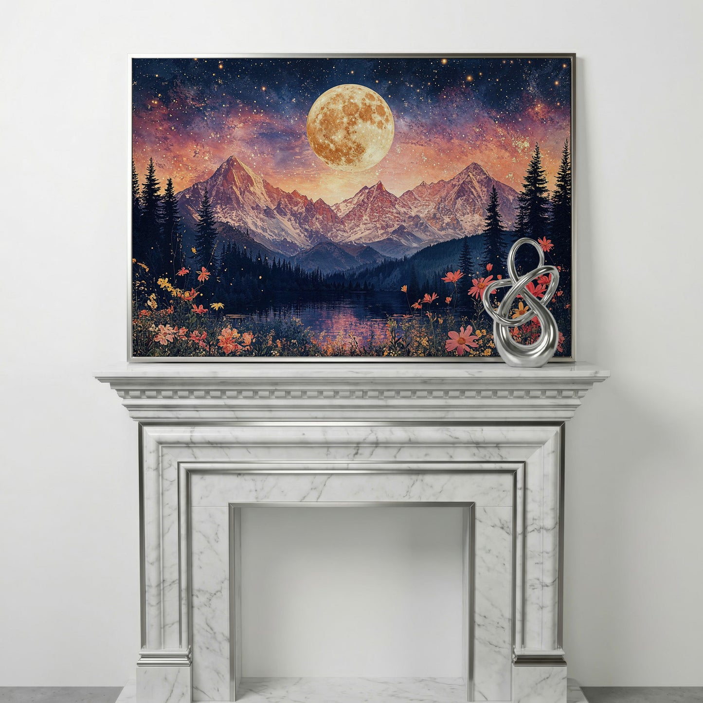Moonlit Mountain Landscape Canvas in silver floating frame