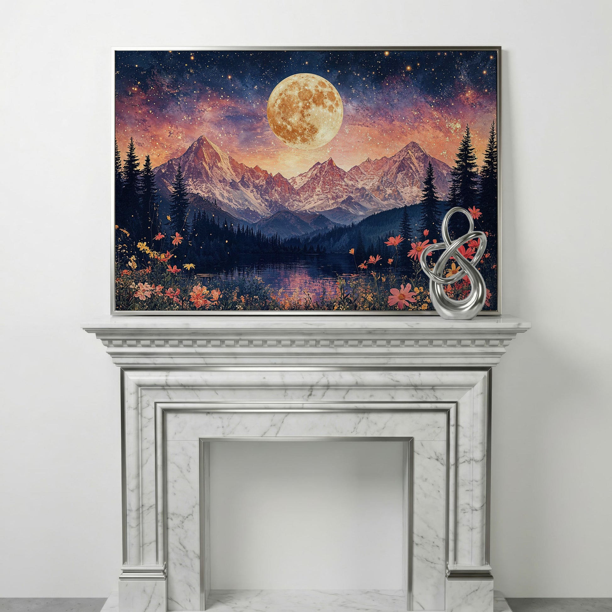 Moonlit Mountain Landscape Canvas in silver floating frame