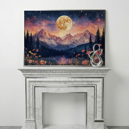 Moonlit Mountain Landscape Canvas in silver floating frame