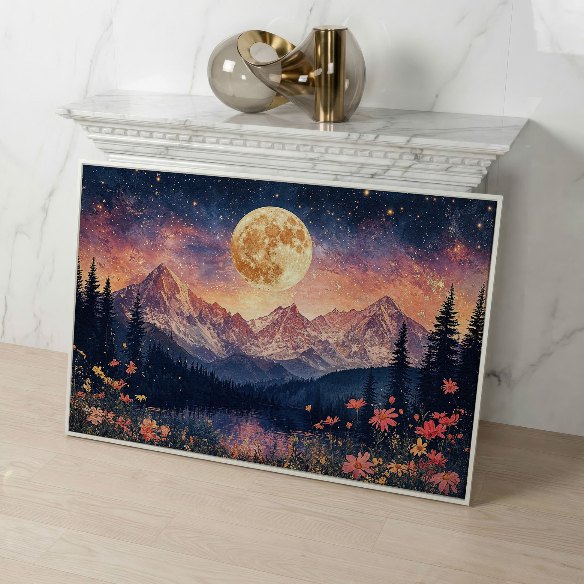 Moonlit Mountain Landscape Canvas in white floating frame