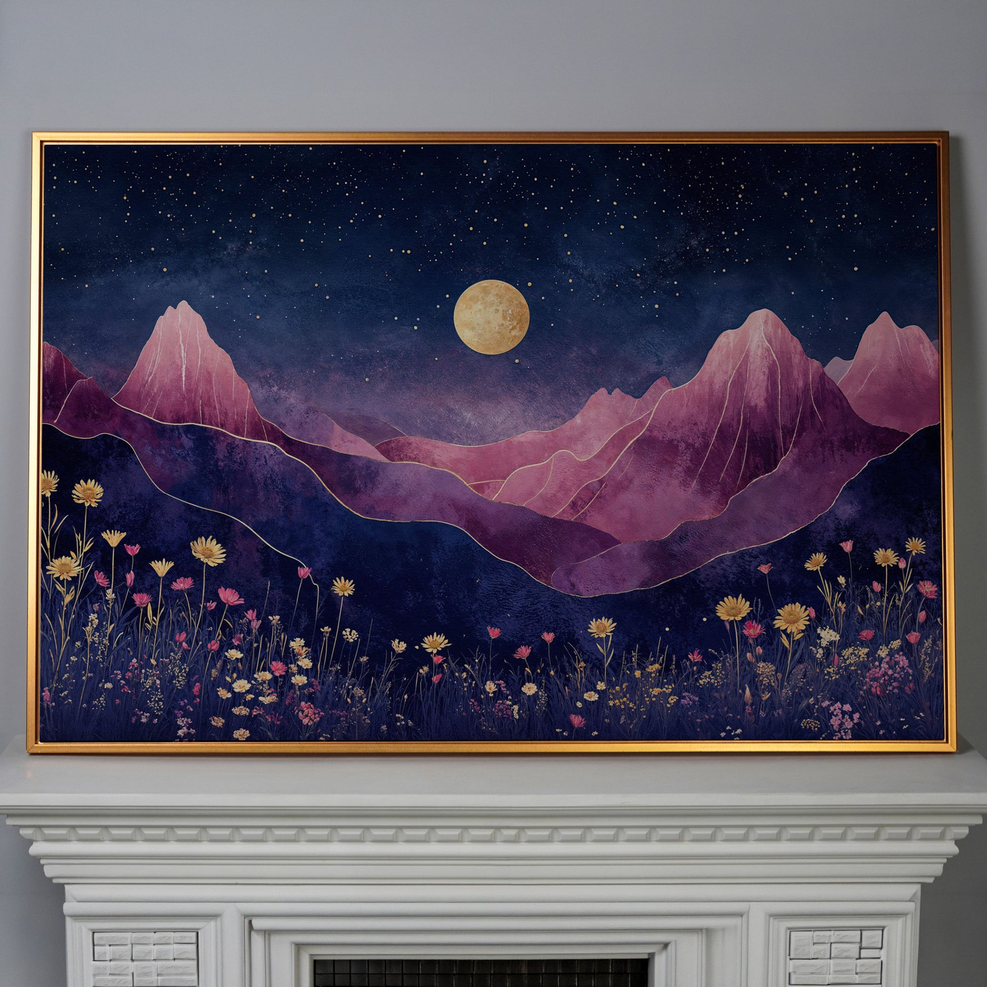 Starry Mountain Canvas with Dusty Rose Peaks and Celestial Gold in antique gold floating frame