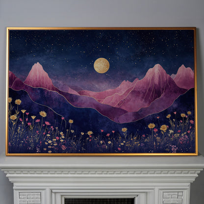 Starry Mountain Canvas with Dusty Rose Peaks and Celestial Gold in antique gold floating frame