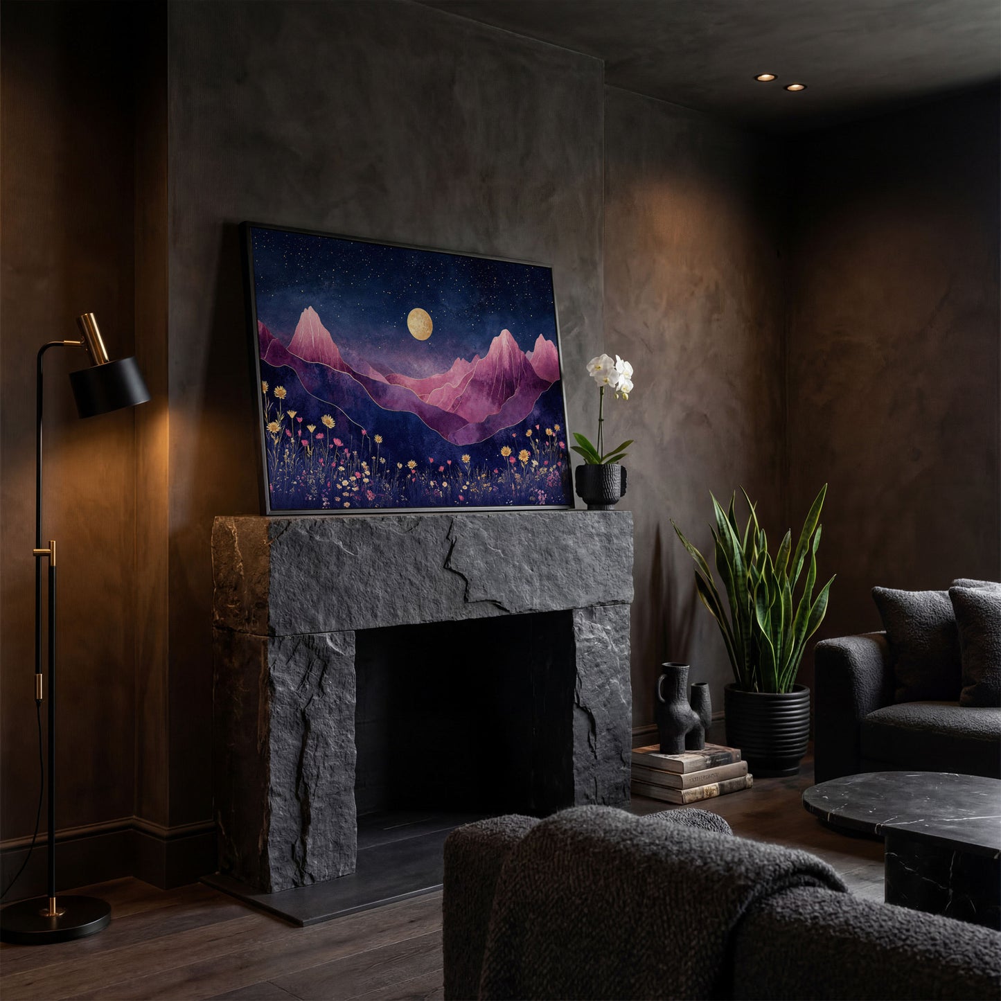 Starry Mountain Canvas with Dusty Rose Peaks and Celestial Gold in black floating frame