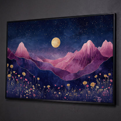 Starry Mountain Canvas with Dusty Rose Peaks and Celestial Gold shown in black floating frame