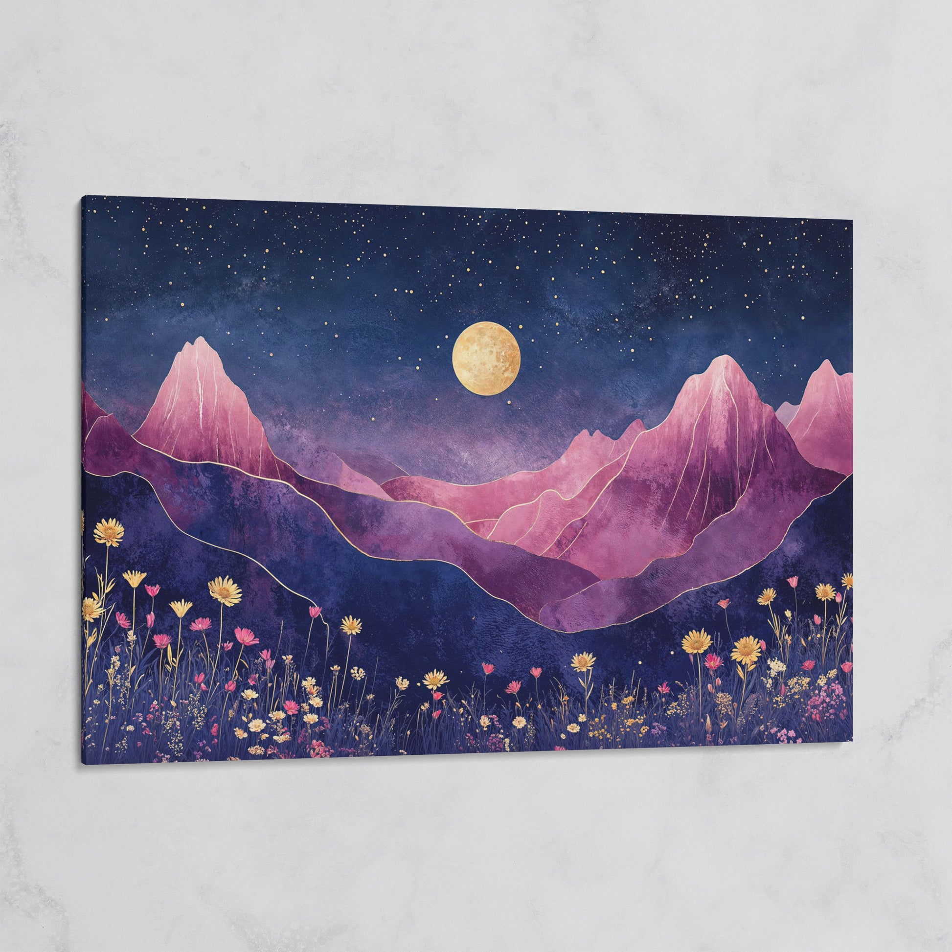 Starry Mountain Canvas with Dusty Rose Peaks and Celestial Gold on gallery wrap