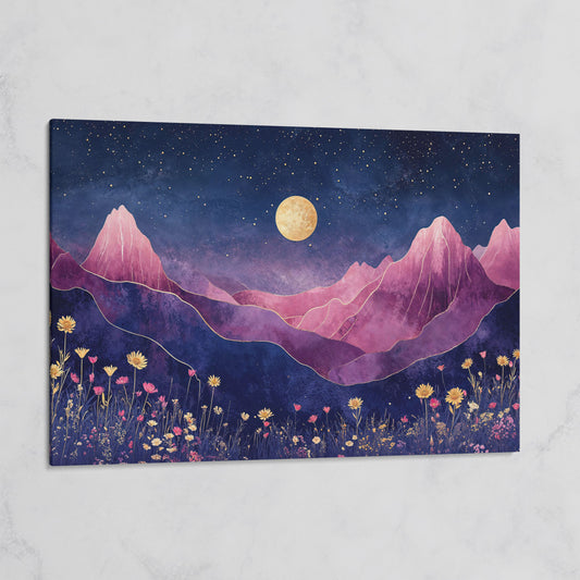 Starry Mountain Canvas with Dusty Rose Peaks and Celestial Gold on gallery wrap