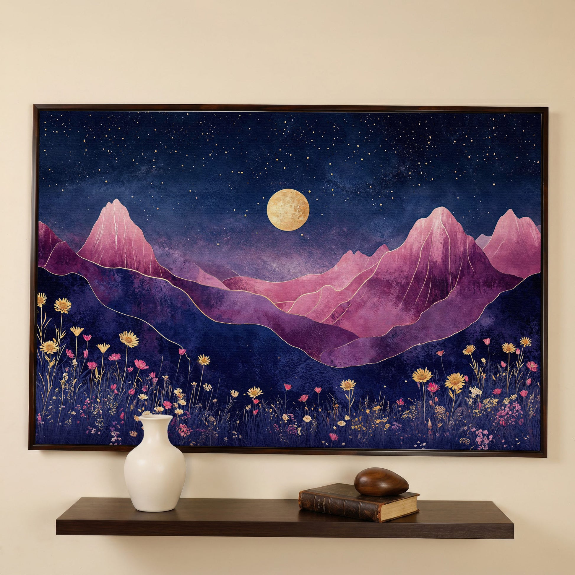Starry Mountain Canvas with Dusty Rose Peaks and Celestial Gold in dark walnut floating frame