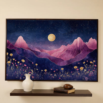 Starry Mountain Canvas with Dusty Rose Peaks and Celestial Gold in dark walnut floating frame