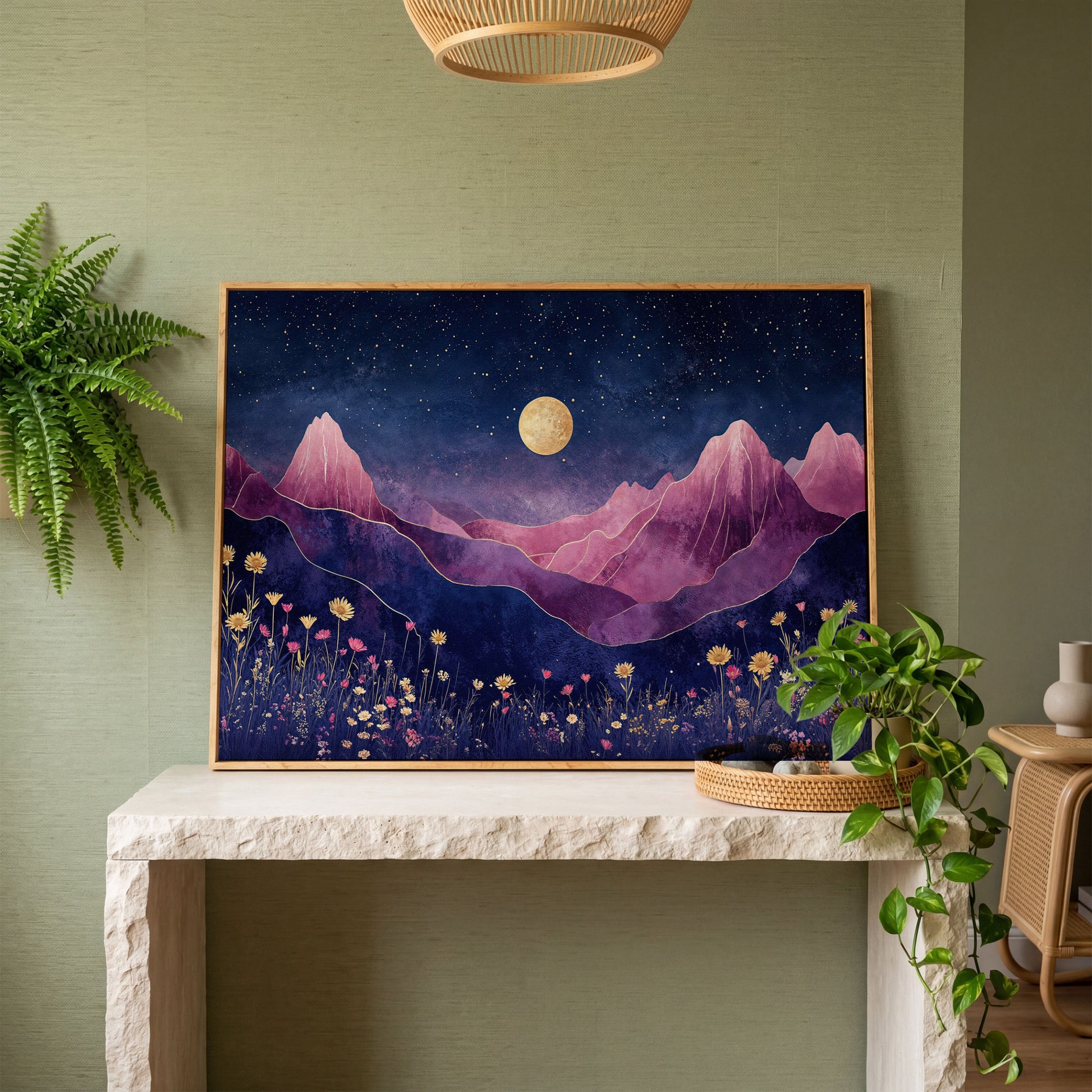 Starry Mountain Canvas with Dusty Rose Peaks and Celestial Gold in white oak floating frame