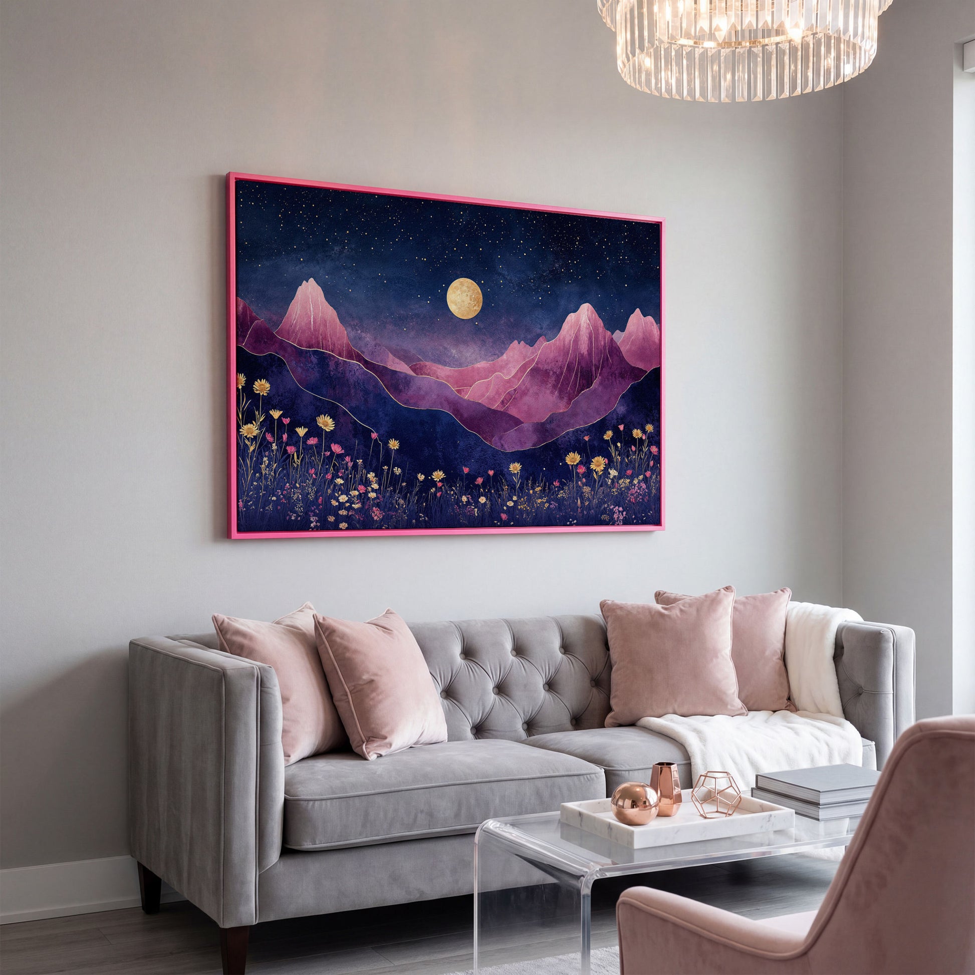 Starry Mountain Canvas with Dusty Rose Peaks and Celestial Gold in pink floating frame