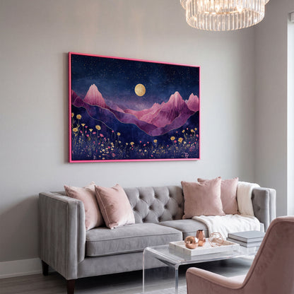 Starry Mountain Canvas with Dusty Rose Peaks and Celestial Gold in pink floating frame