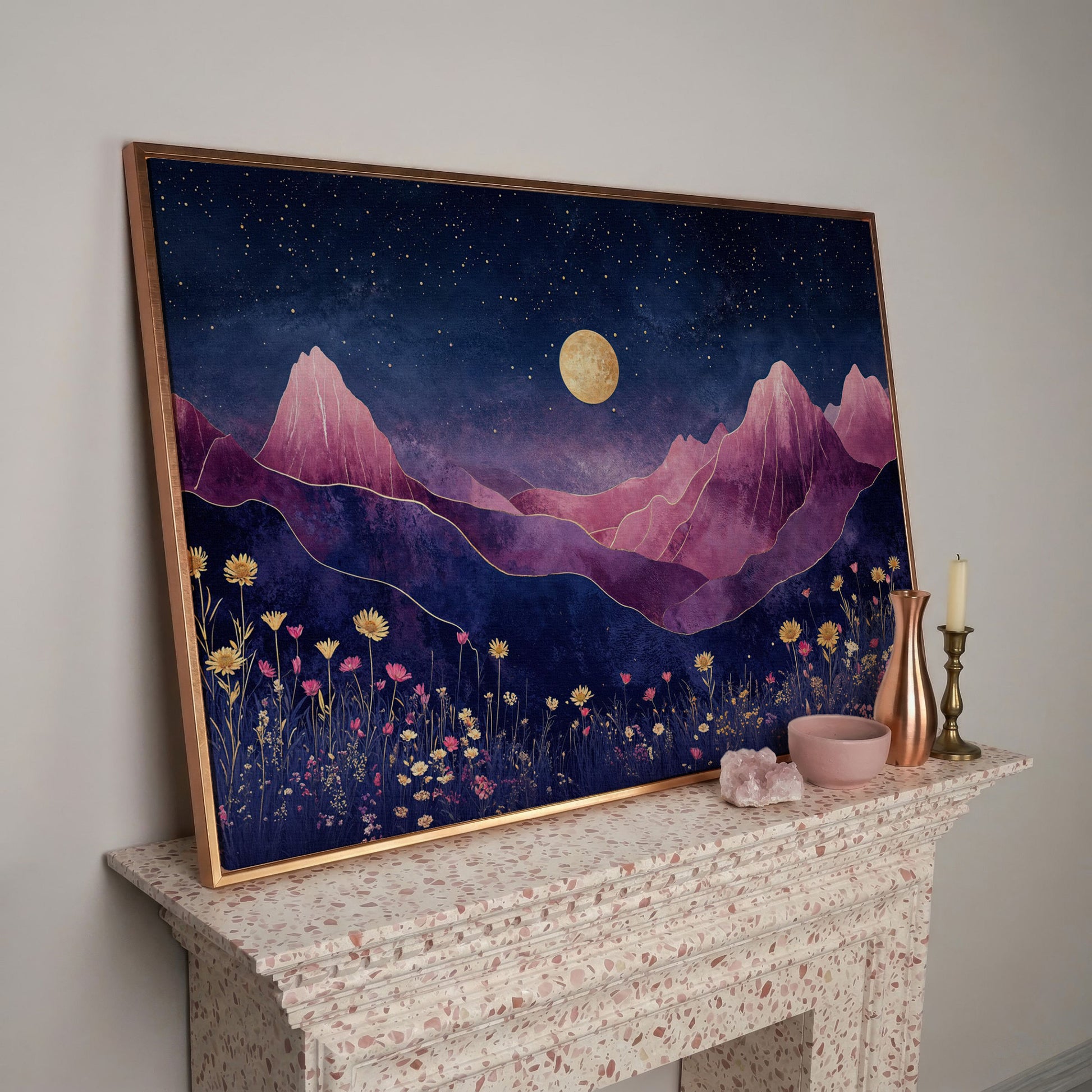 Starry Mountain Canvas with Dusty Rose Peaks and Celestial Gold in rose gold floating frame