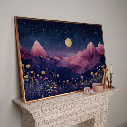 Starry Mountain Canvas with Dusty Rose Peaks and Celestial Gold in rose gold floating frame