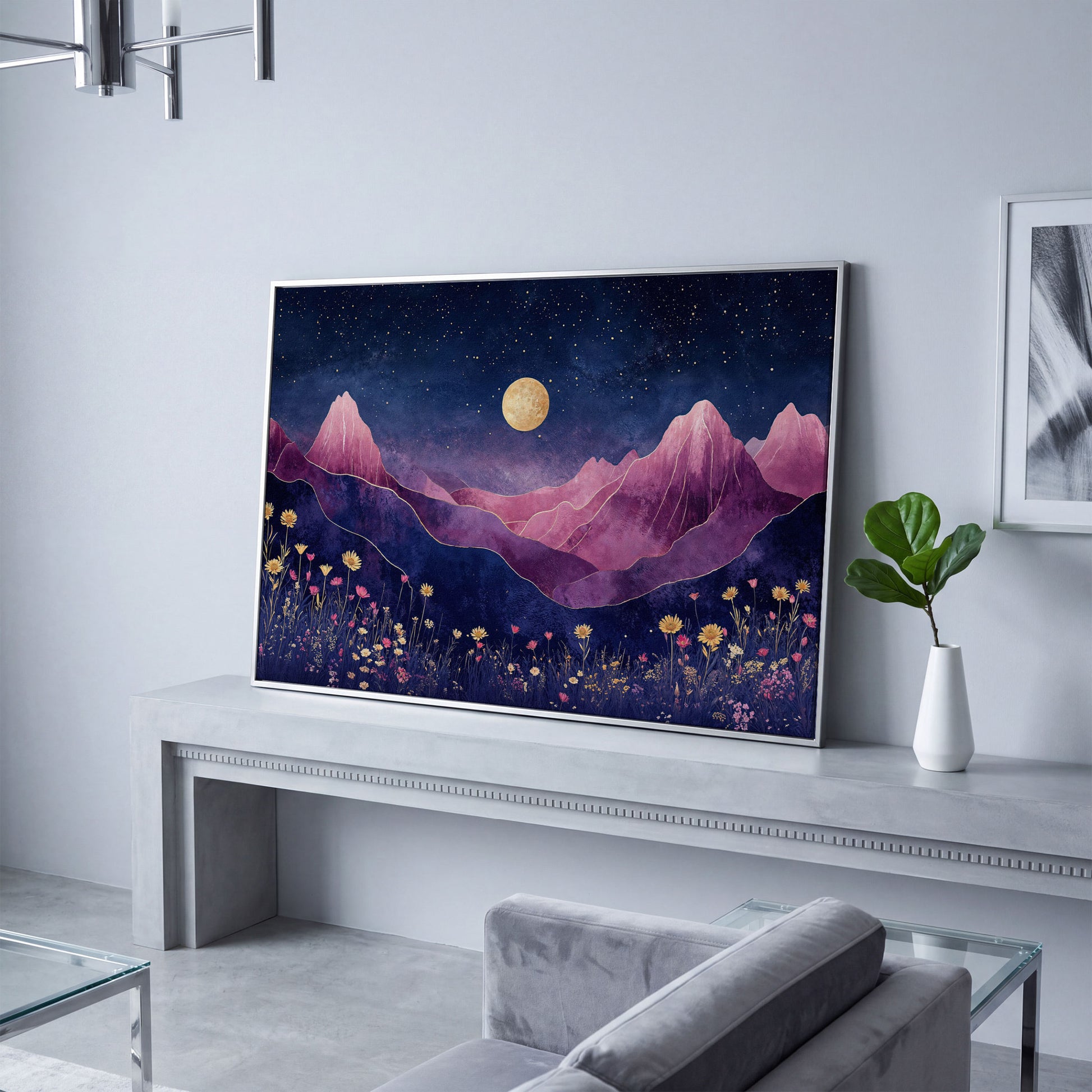 Starry Mountain Canvas with Dusty Rose Peaks and Celestial Gold in silver floating frame