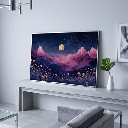 Starry Mountain Canvas with Dusty Rose Peaks and Celestial Gold in silver floating frame