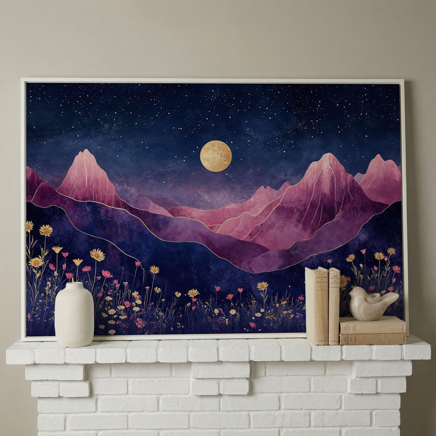 Starry Mountain Canvas with Dusty Rose Peaks and Celestial Gold in white floating frame