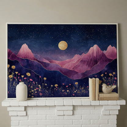 Starry Mountain Canvas with Dusty Rose Peaks and Celestial Gold in white floating frame