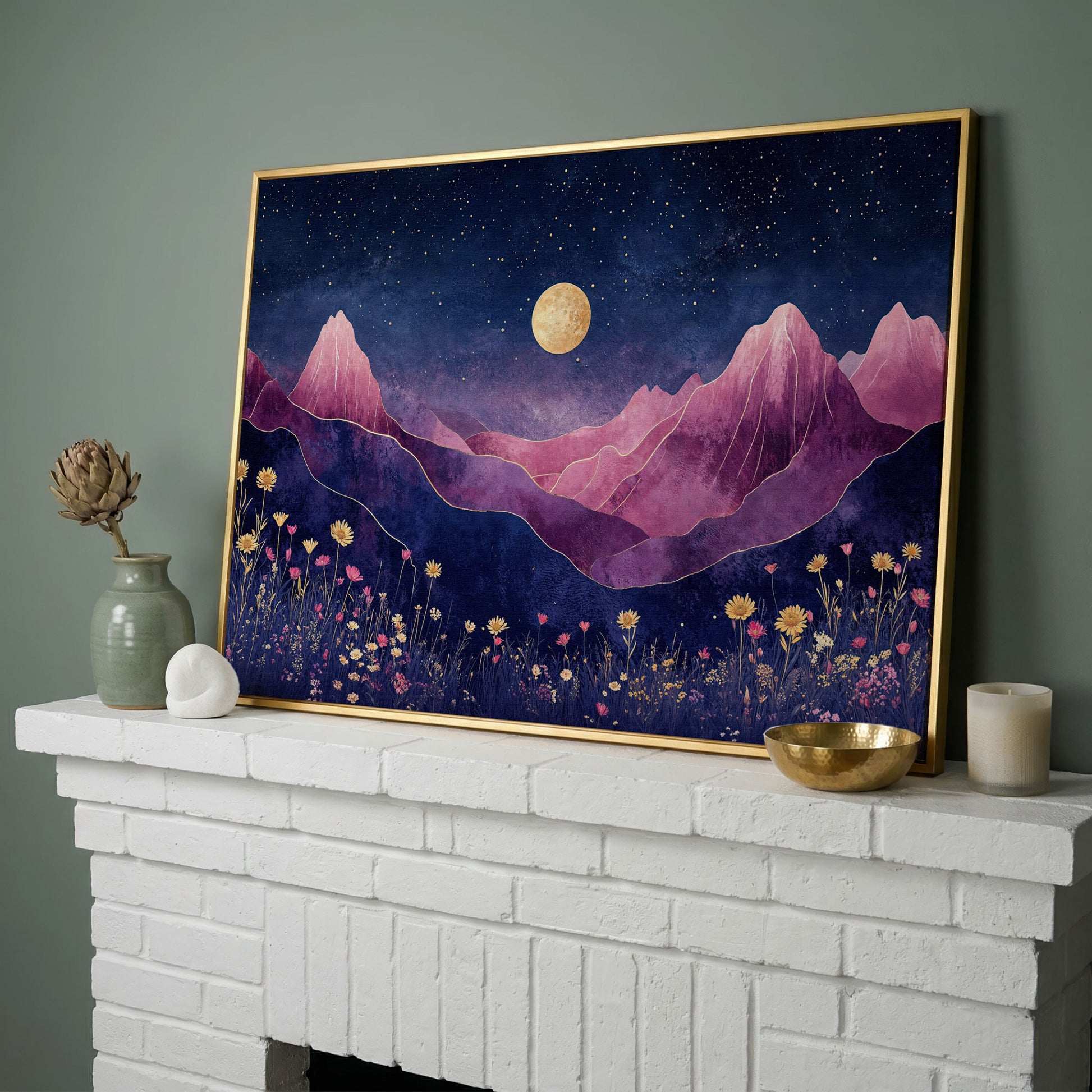 Starry Mountain Canvas with Dusty Rose Peaks and Celestial Gold in yellow gold floating frame