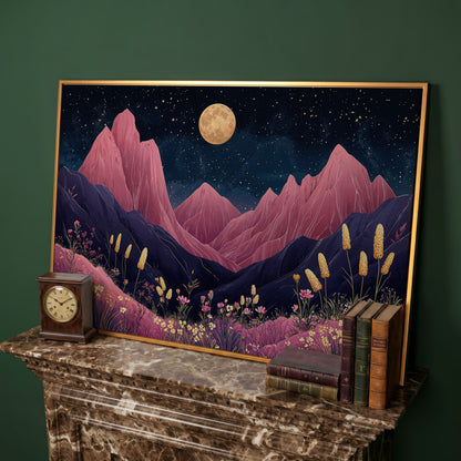 Pink Mountain Moonlight Canvas in antique gold floating frame