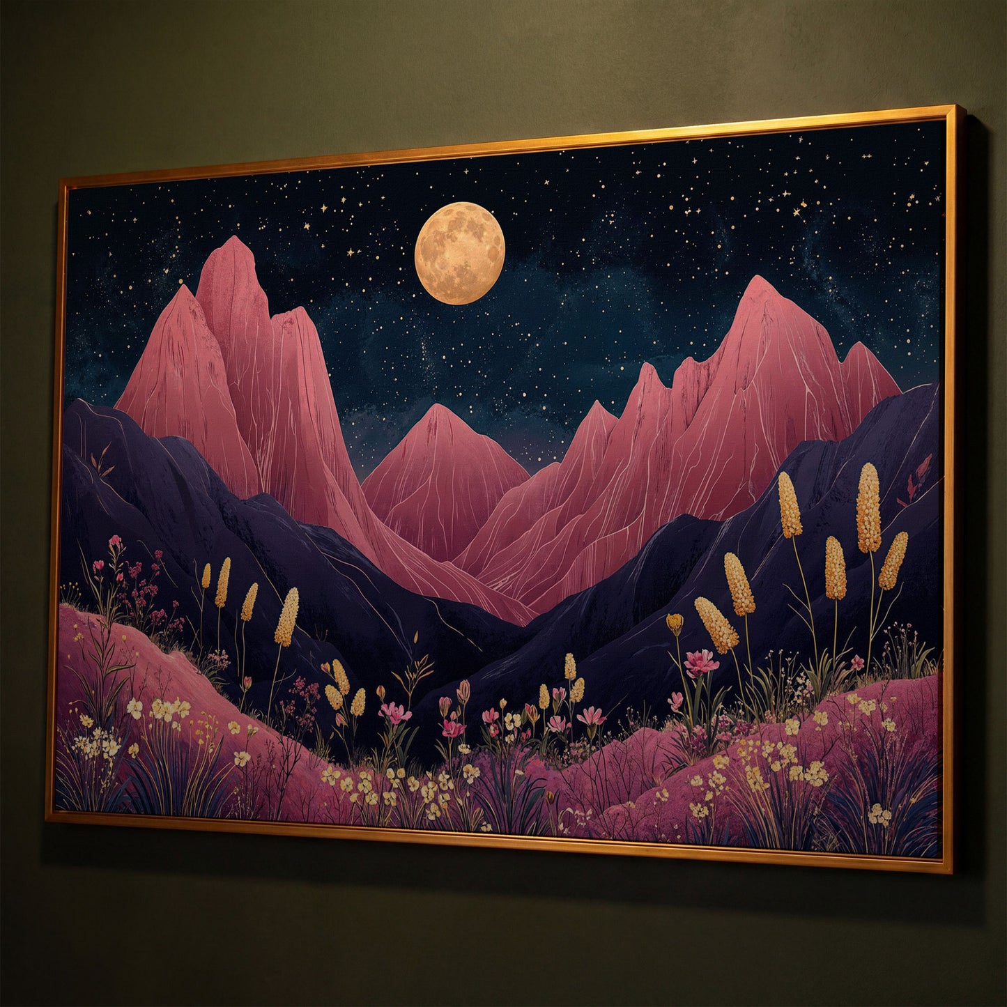 Pink Mountain Moonlight Canvas shown in antique gold floating frame