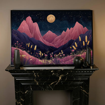 Pink Mountain Moonlight Canvas in black floating frame