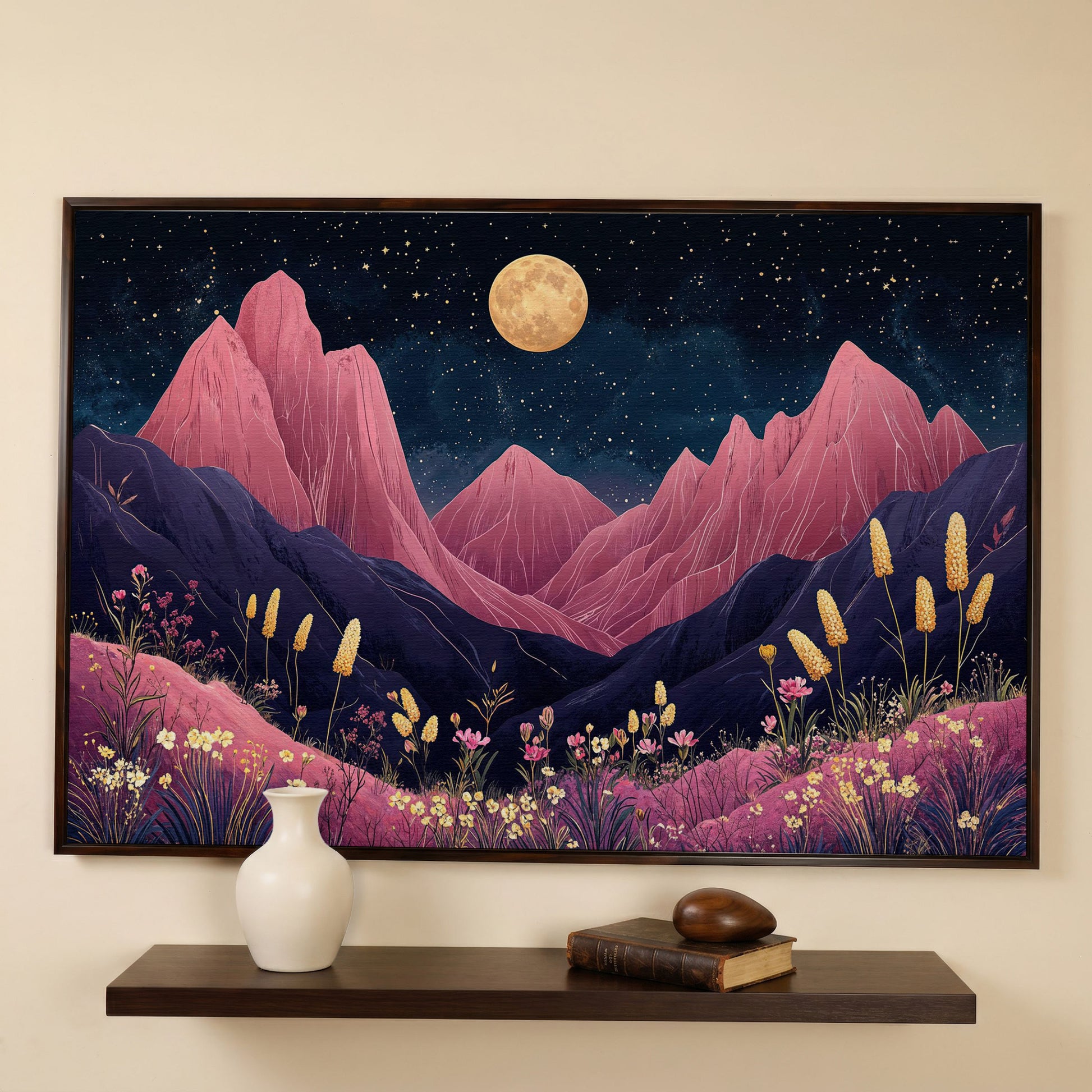 Pink Mountain Moonlight Canvas in dark walnut floating frame