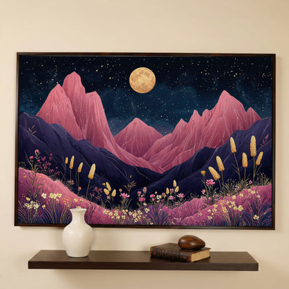 Pink Mountain Moonlight Canvas in dark walnut floating frame