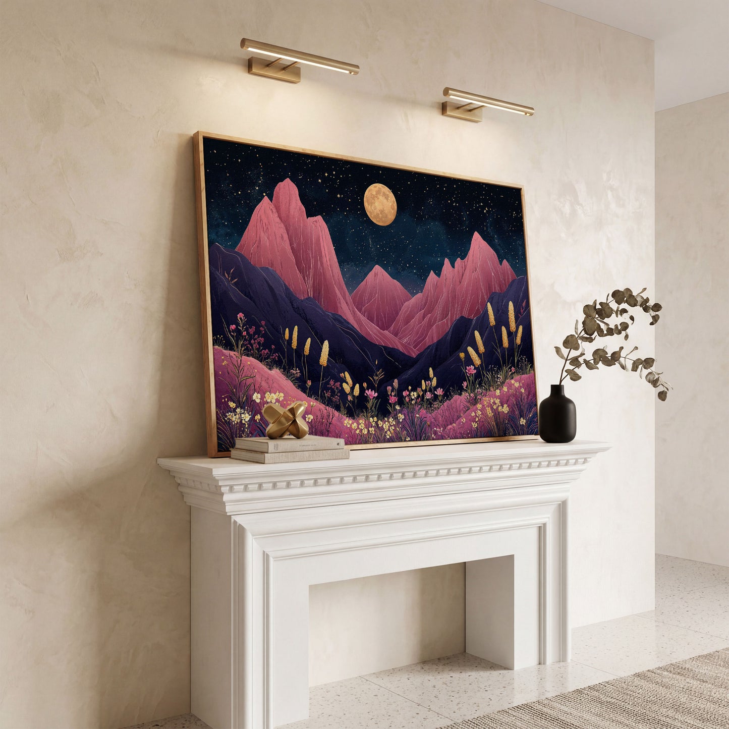 Pink Mountain Moonlight Canvas in white oak floating frame