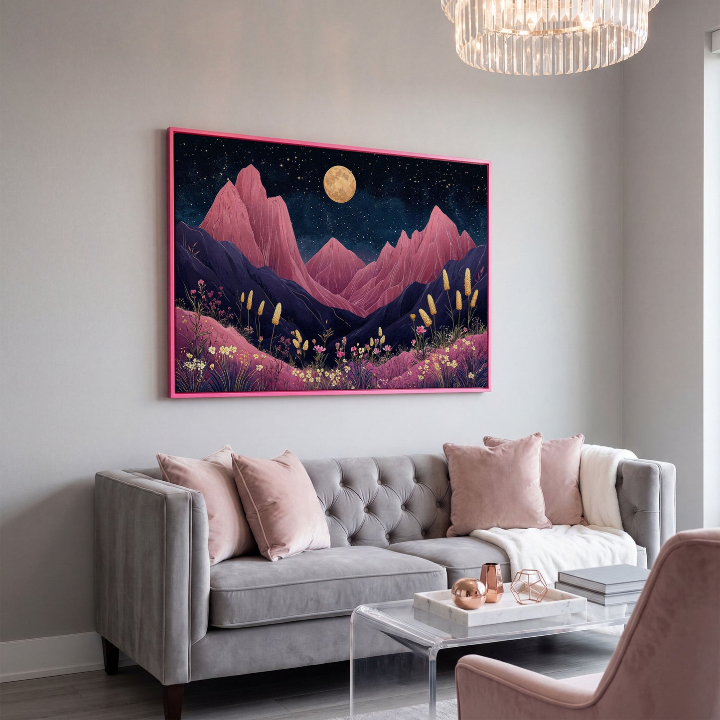 Pink Mountain Moonlight Canvas in pink floating frame