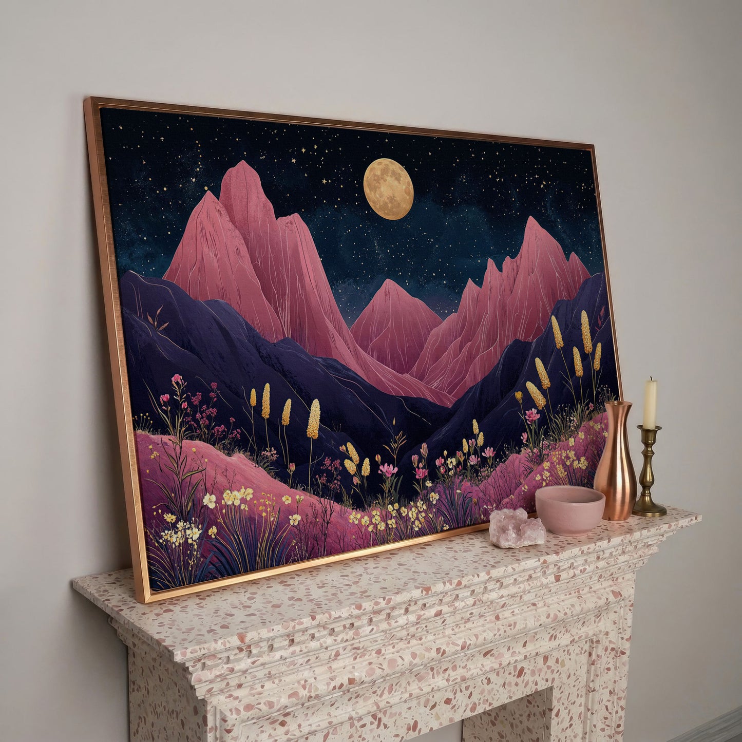 Pink Mountain Moonlight Canvas in rose gold floating frame