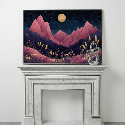 Pink Mountain Moonlight Canvas in silver floating frame